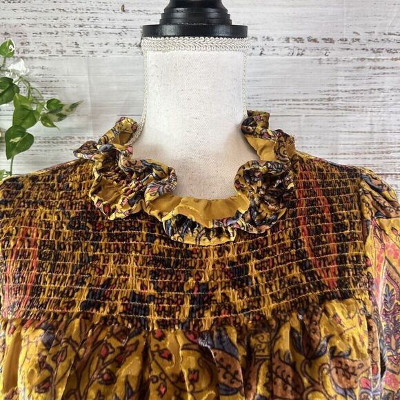 Ivy Jane Blouse Top size Extra Small Gold Blue Paisley Velour Smocking Peasant - Picture 4 of 13